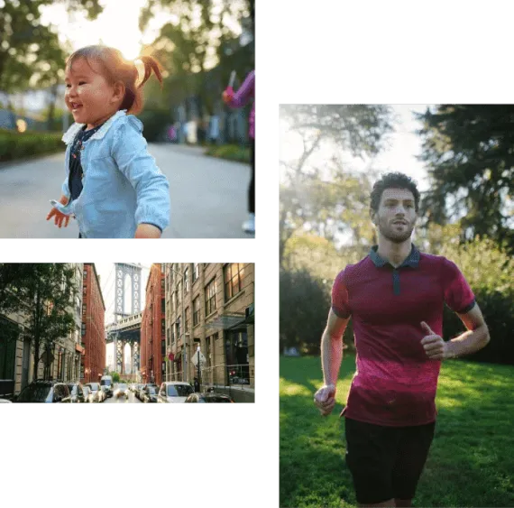 Collage of everyday moments: a child running outdoors, a city street, and a man jogging in a park.